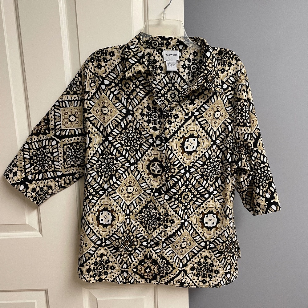 Bon Worth Black Brown Diamond Blouse, 3/4 Sleeve, Button, Woman Petite L…